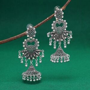 Heart Silver Oxidised Large Jhumka